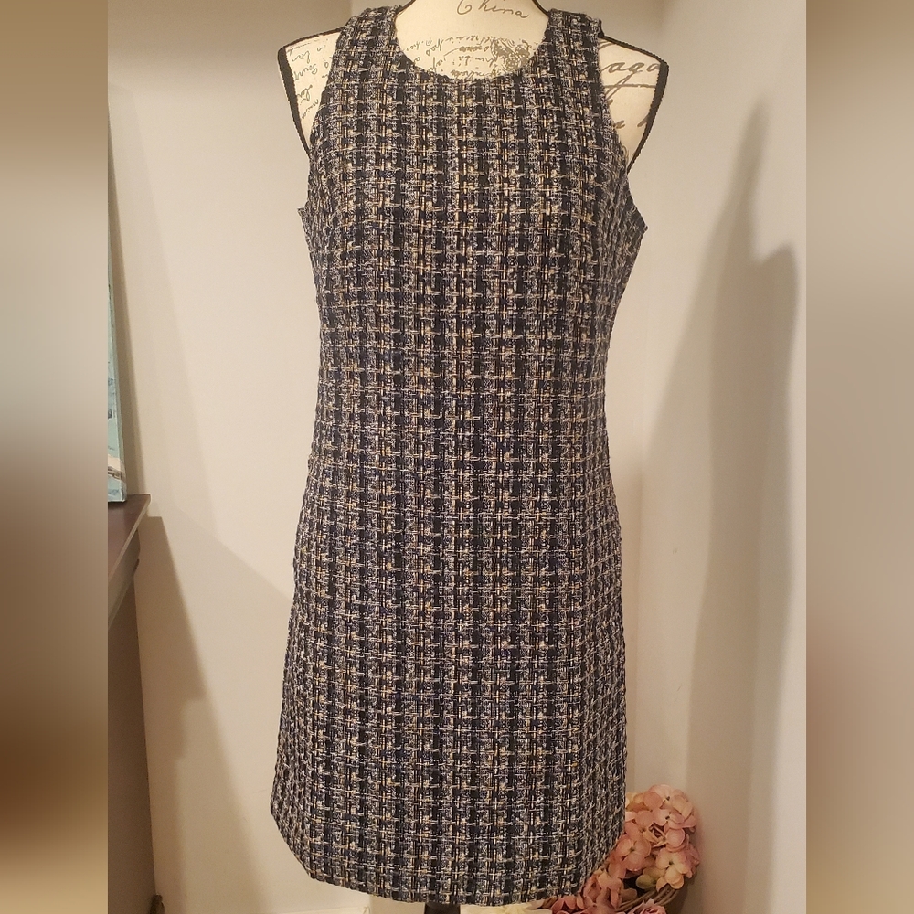 J• CREW.  WOMEN'S Black/Navy Sleeveless, Round Neck, Shift Tweed Dress, Size 2. - Picture 2 of 8